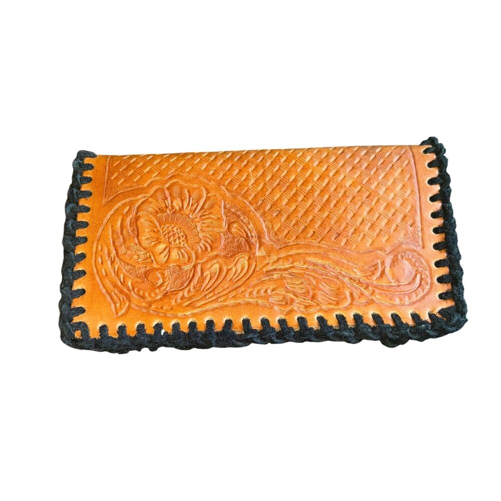 Vintage Leather Bifold Wallet Western Flowers Cowhide Lining Made In Mexico